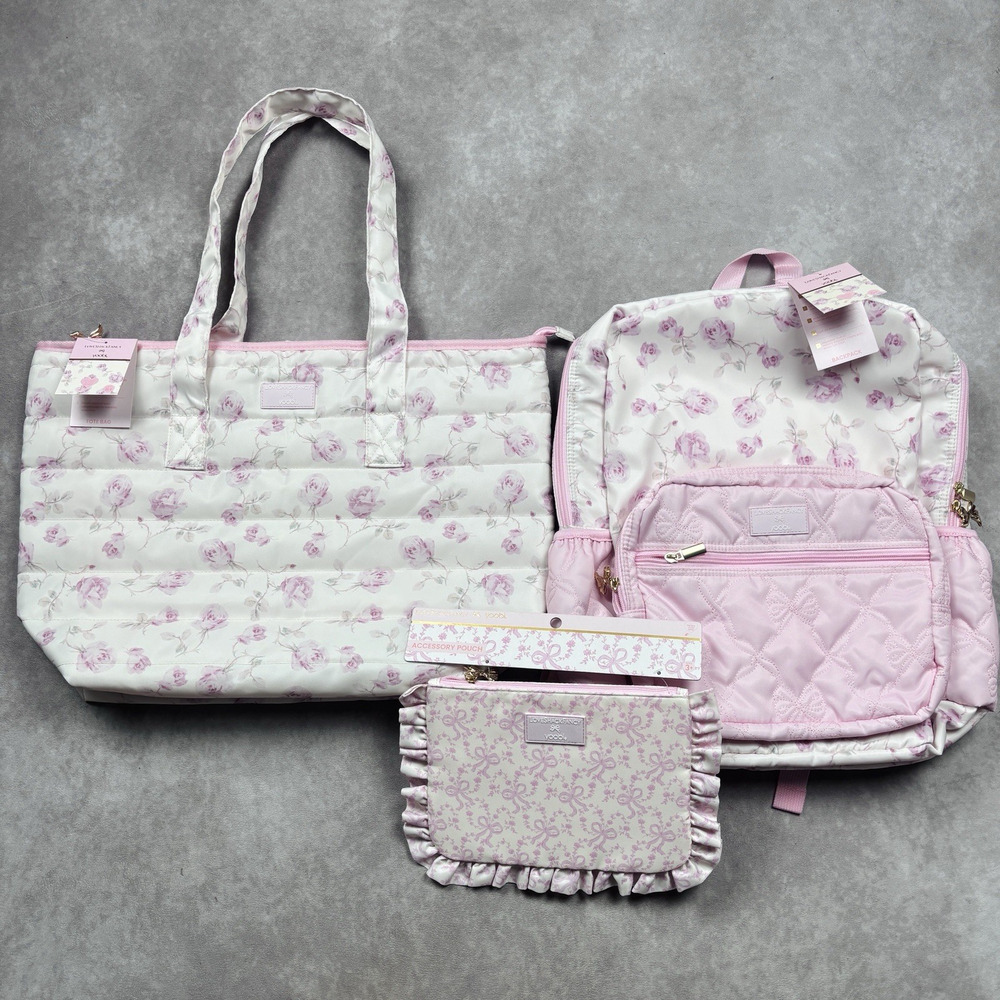 LoveShackFancy Target NWT Backpack Tote Accessory Pouch Bag Set Ribbon Rosa Pink